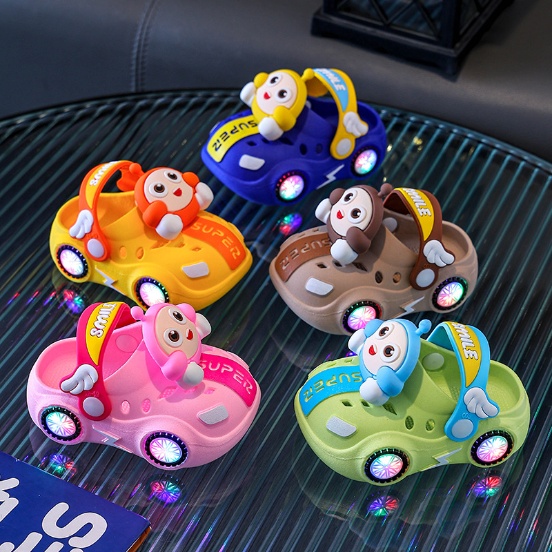 Children's Slippers Summer Baby Girl Car Shiny Light Indoor Soft-Soled Non-Slip Slippers Boy's Egg Hole Shoes