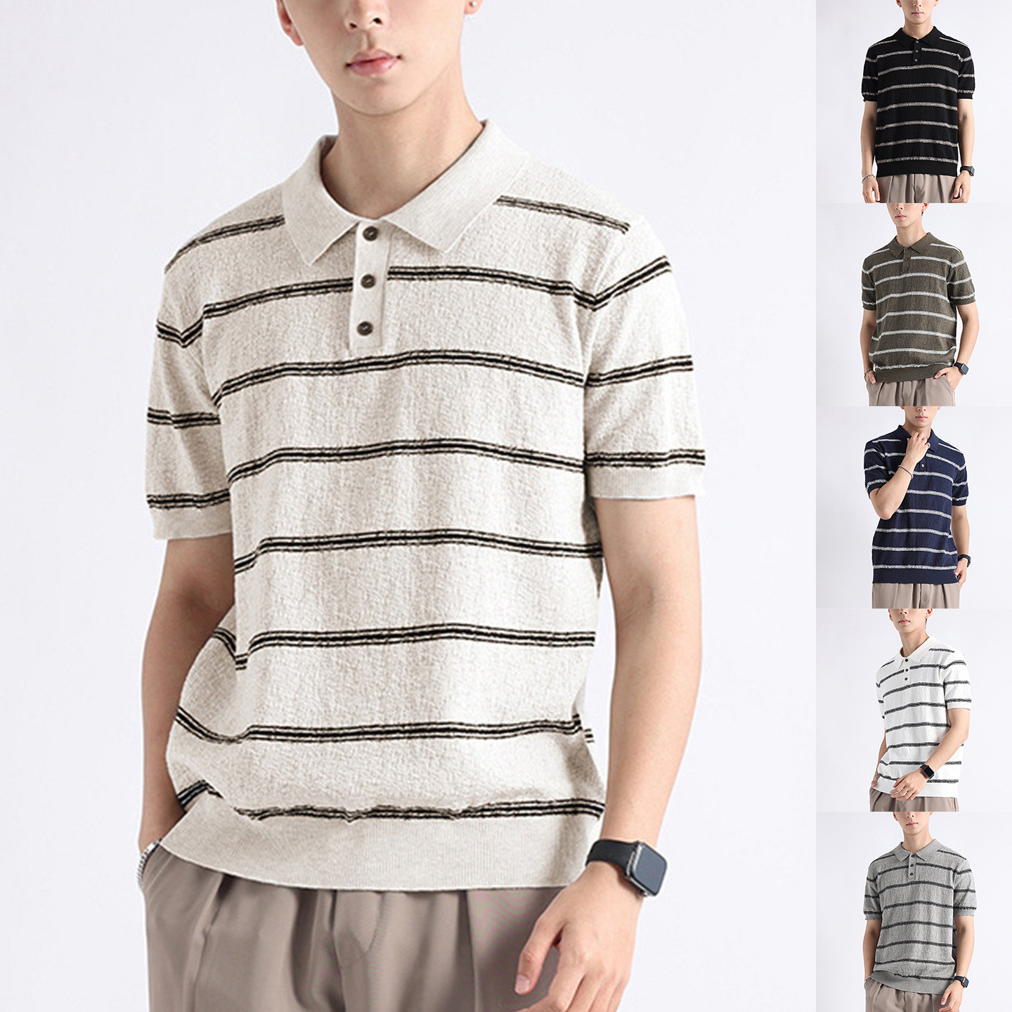 Polo camiseta de punto camiseta de manga corta hombre con solapa estriada textural vieja camiseta de hielo de verano fábrica transfronteriza al por mayor