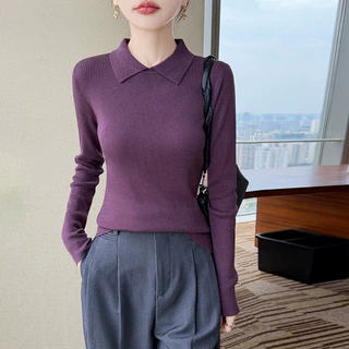 法式极简风翻领长袖针织衫女黑色修身显瘦内搭毛衣气质羊毛打底衫