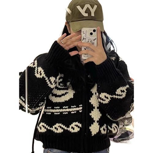 Japanese-style lazy retro Fair Isle hooded sweater jacket for women, autumn and winter, thick work, coarse needle zipper knit sweater