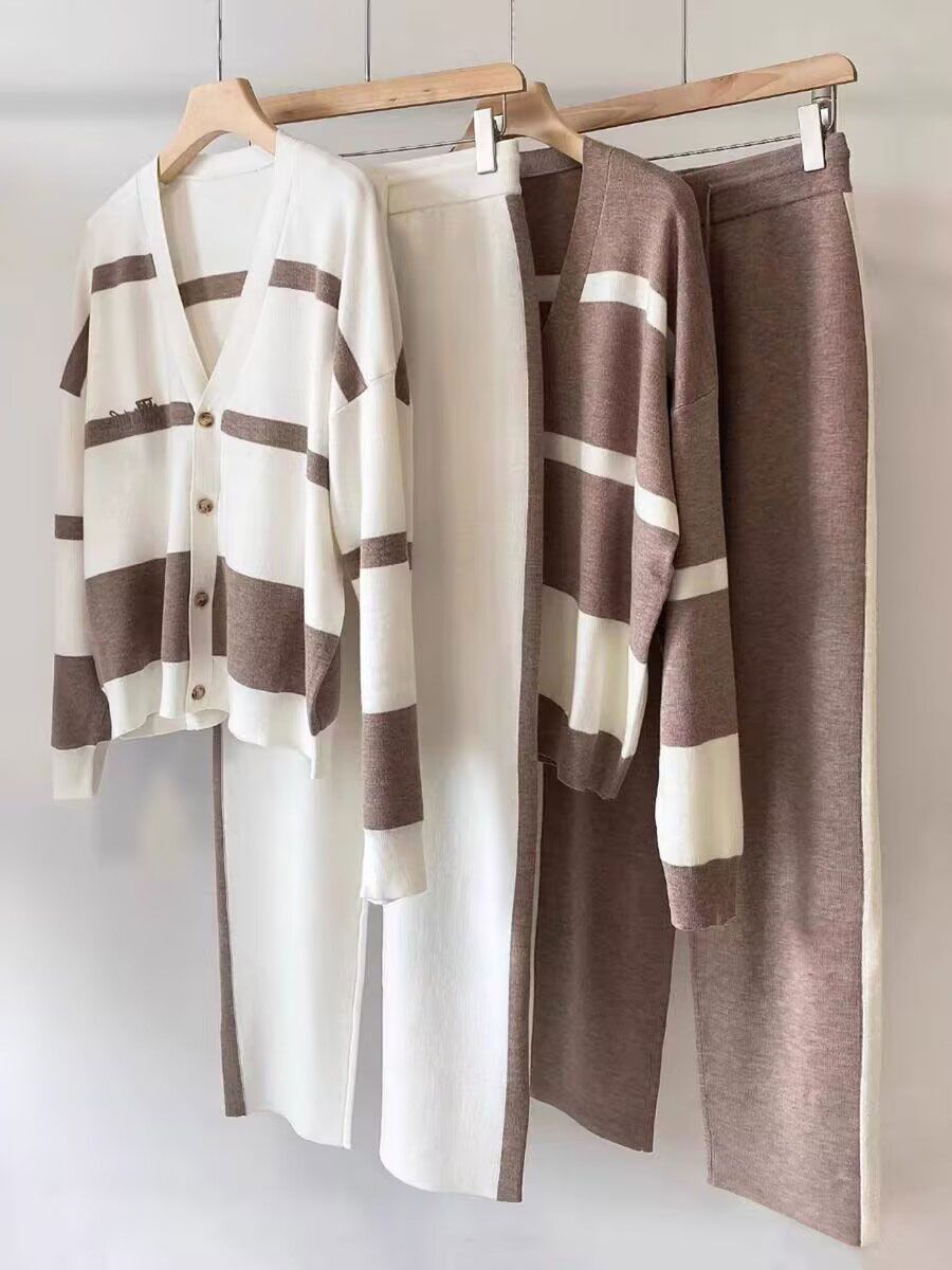 Autumn And Winter Leisure Striped Knitted Cardigan Top Wide Leg Pants Two-piece Suit