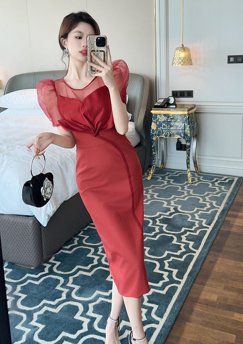Váy maxi thắt eo tay phồng phối cánh hoa thiết kế cổ điển Pháp xẻ tà — Xanh trăng trúc, Màu đỏ chi tiết 13