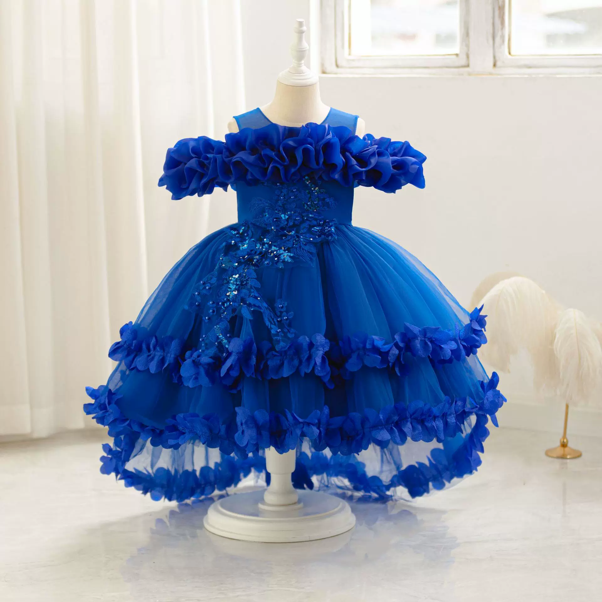 新款儿童裙一字肩生日派对公主裙纯色婚礼周岁礼服节日礼服立体花