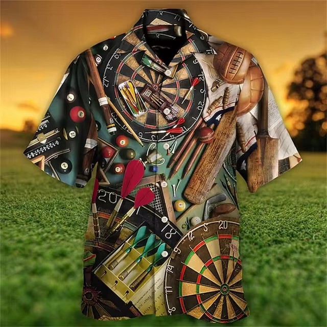 Men's Dart Print Short Sleeve Shirt Summer Casual Hawaii Beach Vacation Shirt 2024 Cross Border Hot Sale