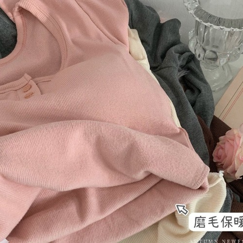 PINK FLOCKED COTTON LAYERED TOP women's autumn winter short sleeve warm innerwear T-shirt with square collar and ribbed shoulder