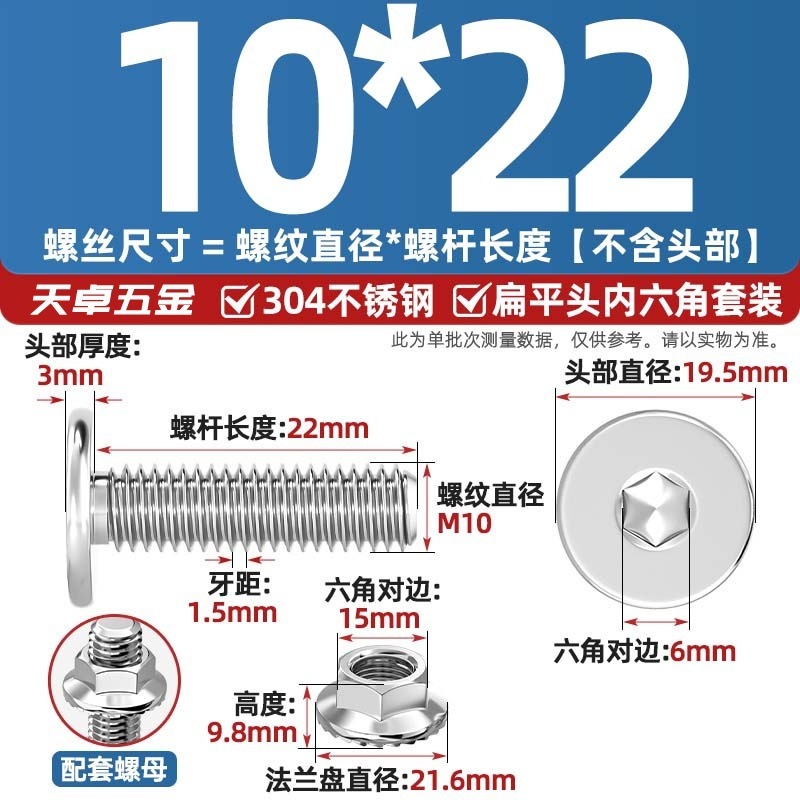 304不锈钢CM大平头超薄头C头扁平头内六角螺丝钉法兰边螺母套装M5|undefined