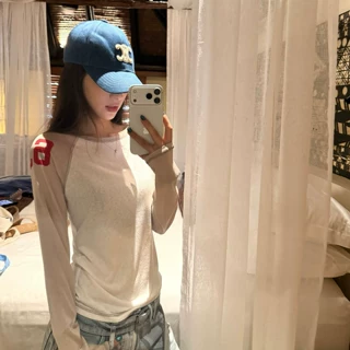 【雪花棉】美式复古插肩撞色长袖T恤女夏季薄款辣妹防晒罩衫上衣