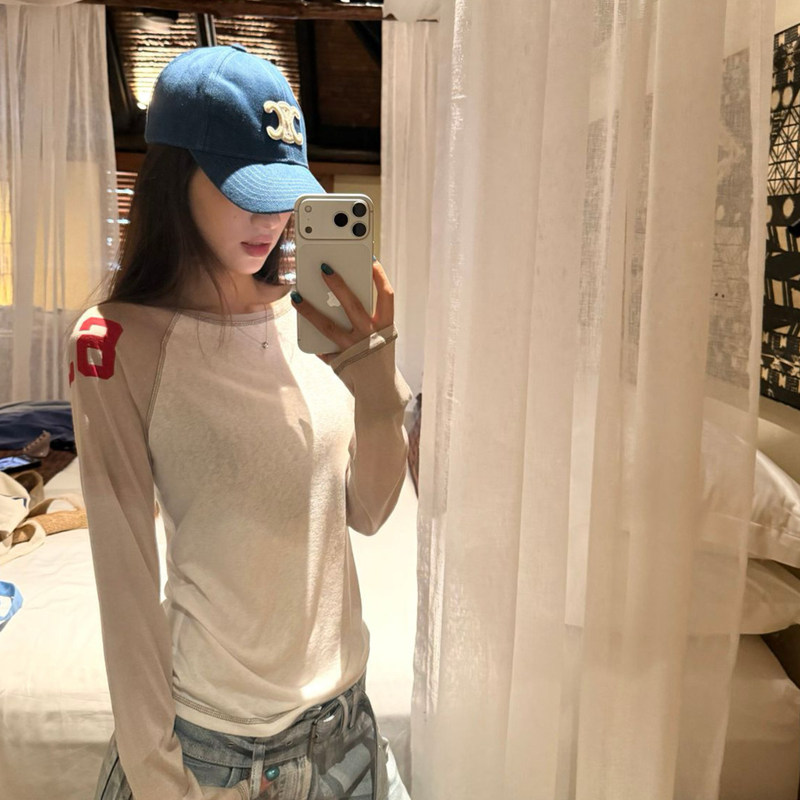 【Snowflake Cotton】American Retro Raglan Color-Block Long Sleeve T-Shirt for Women, Summer Thin Style, Sun Protection Cover-Up Top