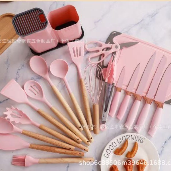 19 piezas de fábrica de cocina de silicona cocina antiadherente resistente a altas temperaturas con cuchillos de silicona con barril de almacenamiento