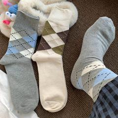 襪子女日系秋款彩色菱格復古中筒襪女ins潮韓系學院簡約風堆堆襪