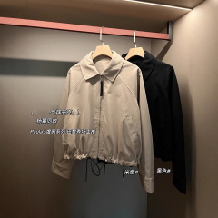 25秋季新品 明星同款休闲翻领小羊皮拼接拉链下摆抽绳女夹克外套