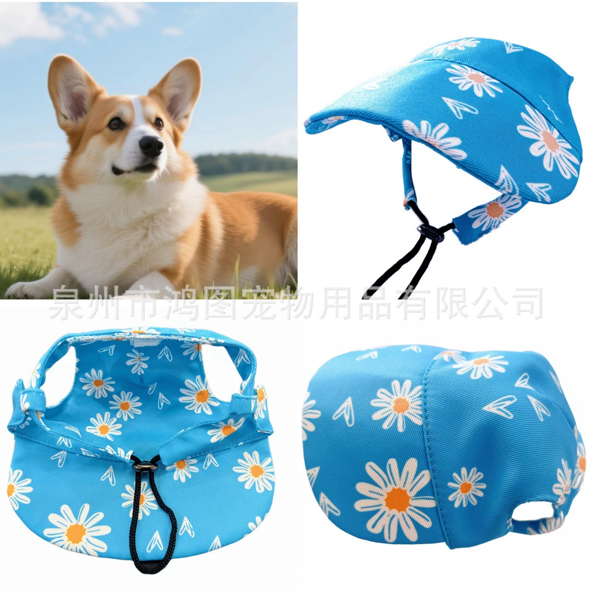 2025 Amazon, новая трансграничная шляпа от солнца с принтом ромашки для домашних животных, шляпа с ушками для собак, четырехсезонная солнцезащитная шляпа