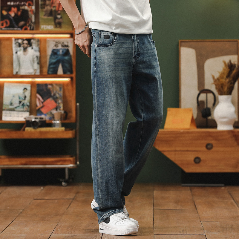 American-style washed white straight jeans men's 2024 spring new retro loose stretch casual trousers