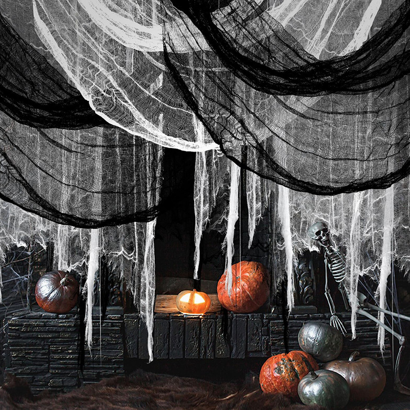 Decoración de Halloween gaza negra tela rasgada gaza sangrienta cascada al aire libre casa embrujada habitación atmósfera decoración de escena