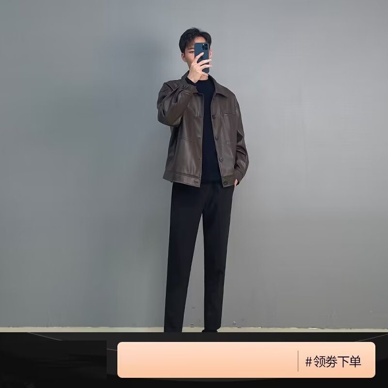 Trendy Men's Black Casual Leather Jacket 2026 New Model Internet Celebrity Korean Style Versatile Slim-Fit Youth Simple Jacket Trendy Men's Black Casual Leather Jacket 2026 New Model Internet Celebrity Korean Style Versatile Slim-Fit Youth Simple Jacket
