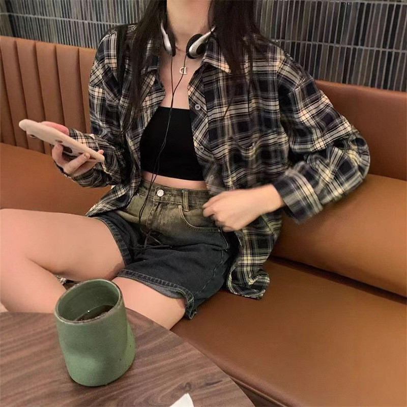 复古格子衬衫女春秋2025年新款衬衣设计感薄款防晒外搭上衣外套女|undefined