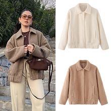 2025冬季新款跨境外贸女装欧美风翻领长袖纯色羊羔毛呢夹克外套女