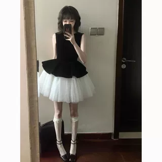 韩系小众丝绒拼接芭蕾裙网纱连衣裙蓬蓬裙生日礼服小黑裙裙子女