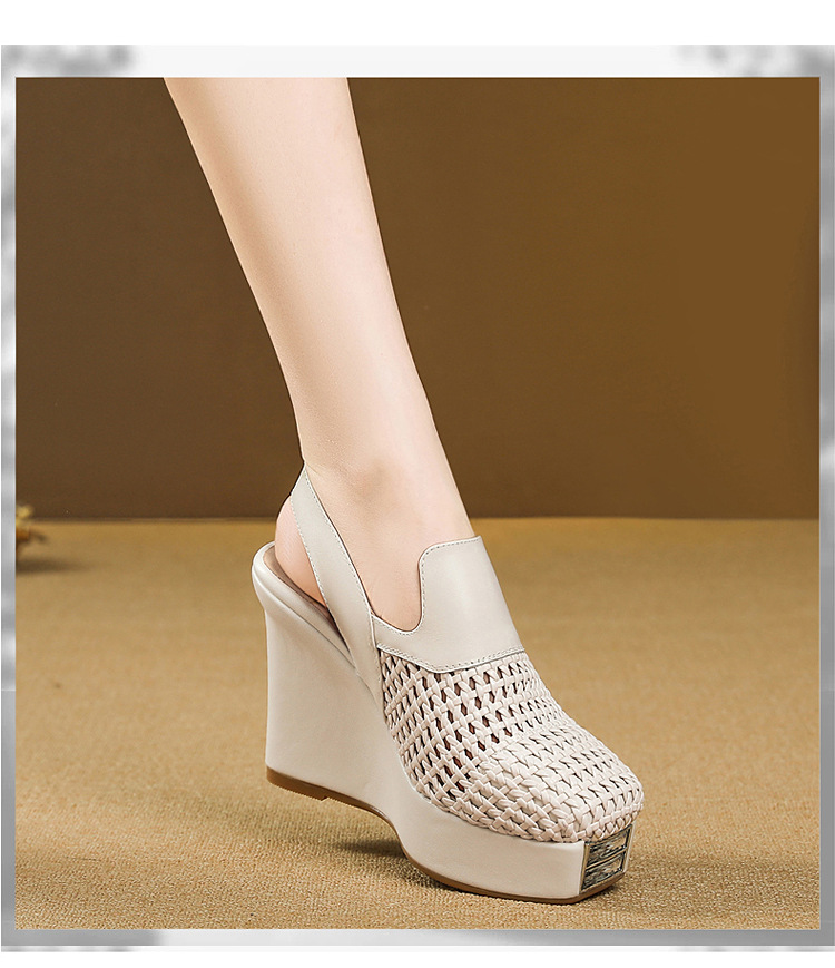 Sandal cao gót nữ mũi nhọn bện rỗng đế xuồng chống nước — màu be chi tiết 15