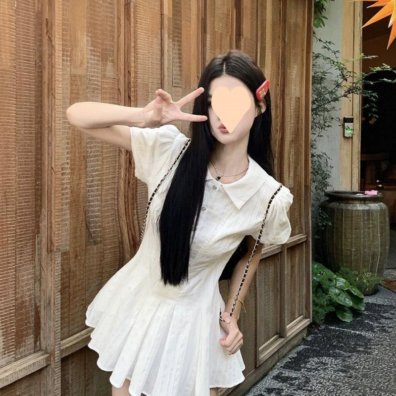 Белое платье-рубашка в студенческом стиле с короткими рукавами, женская летняя юбка трапециевидной формы с французской талией, миниатюрная плиссированная юбка