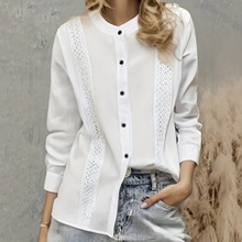 2025新款法式文艺棉纱长袖衬衫女蕾丝拼接圆领宽松打底上衣