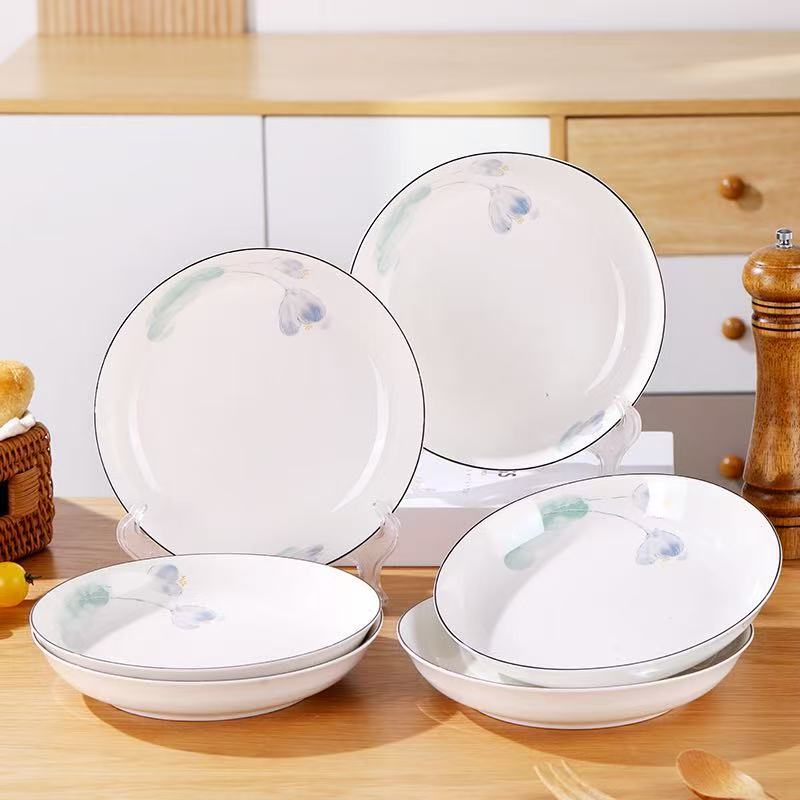 Platos de cerámica de 8 pulgadas con borde negro al por mayor, platos hondos, platos para arroz, platos redondos, platos para fruta, vajilla de cerámica, estilo nórdico.
