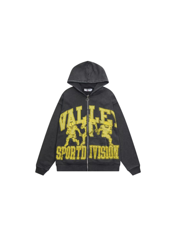 美式复古做旧连帽卫衣男 VALLEY刺绣橄榄球运动风拉链帽衫潮牌|undefined