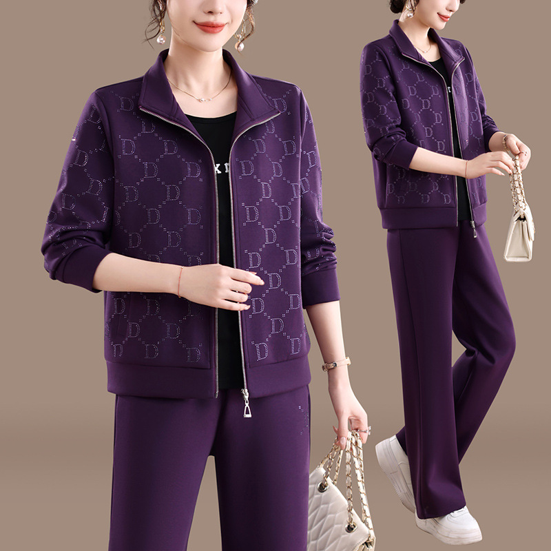 Primavera y otoño nuevo abrigo de moda para madres de mediana edad, camiseta exterior, chaqueta de tres piezas