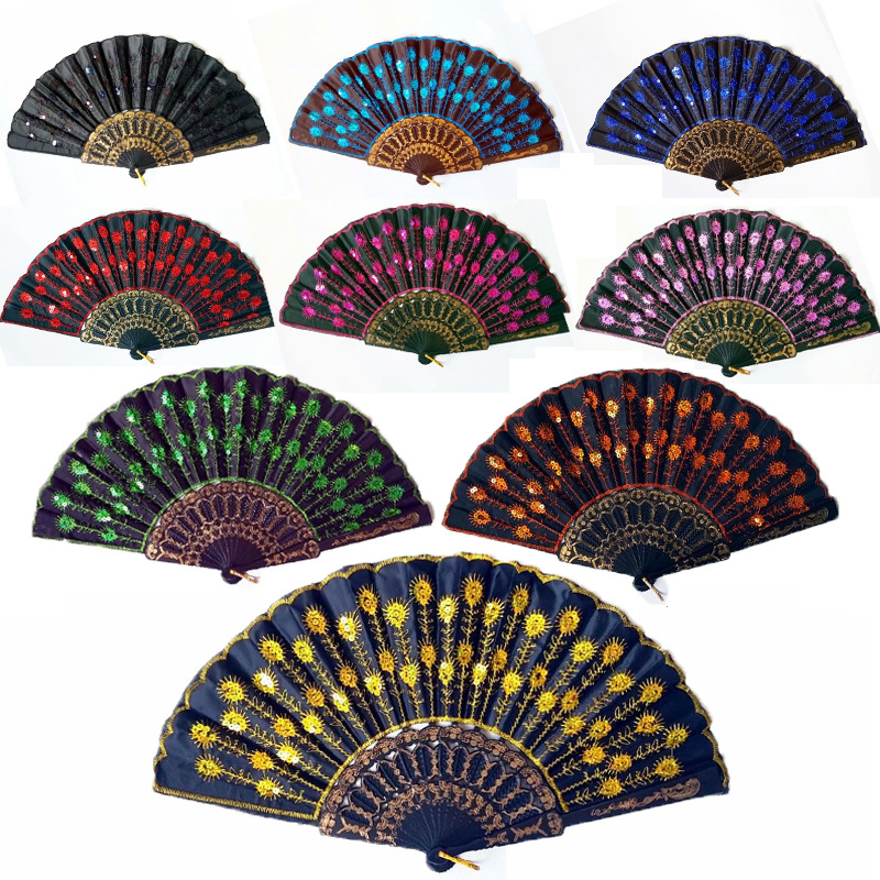 Mayorista barra negra de color sequinilla estampado ventilador plegable accesorios de baile ventilador de baile Wing Chun puede agregar impresión de tela de silk