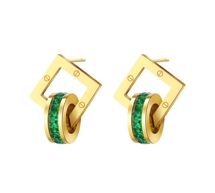 Simple Titanium Steel Hollow Square 14k Gold Plated Green Zircon Earrings display picture 6