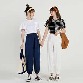 金韩夏季新款棉麻灯笼裤女休闲运动薄款萝卜宽松防蚊九分束脚ins