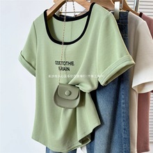 夏季短袖恤  女大码女装百搭遮肚时尚显瘦方领甜美上衣胖2-300斤