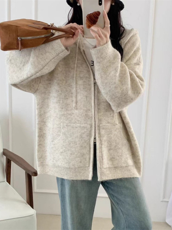 毛衣开衫外套女秋冬软糯连帽拉链新款宽松慵懒风加厚休闲针织上衣|undefined