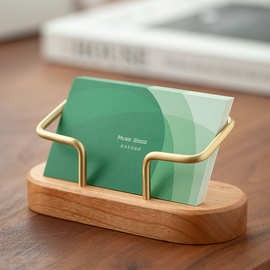 椭圆黄铜名片盒 前台高档桌面名片架创意简约木质展示收纳卡片座