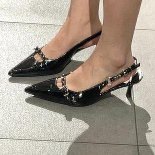 2025 Spring and Summer New Black Pointed Toe High Heels Temperament Fashionable Patent Leather Toe Sandals Women's Stiletto Shoes
