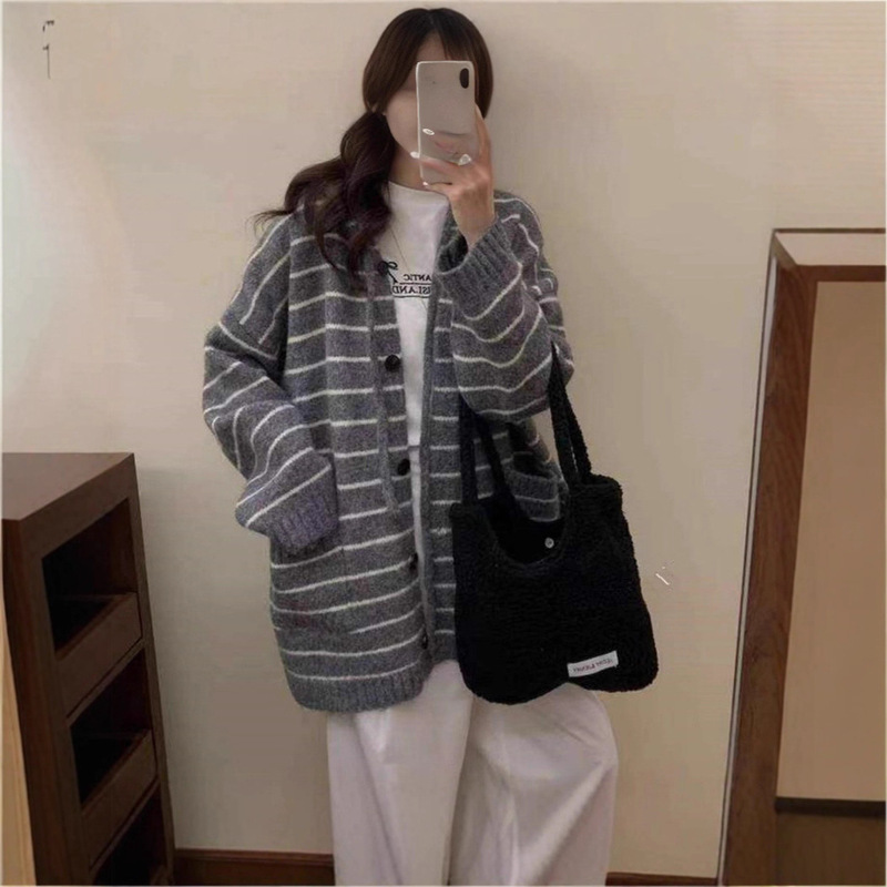 韩系撞色条纹连帽抽绳针织开衫女中长款休闲慵懒宽松软糯毛衣外套|undefined
