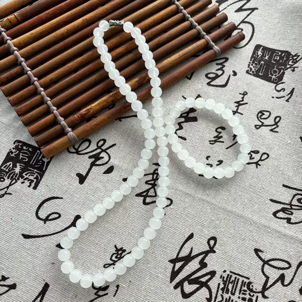 White Jade Necklace 8mm Glass Crystal Imitation Hetian Jade Bracelet Round Beads Buddha Beads Ladies Handstring Gift Wholesale