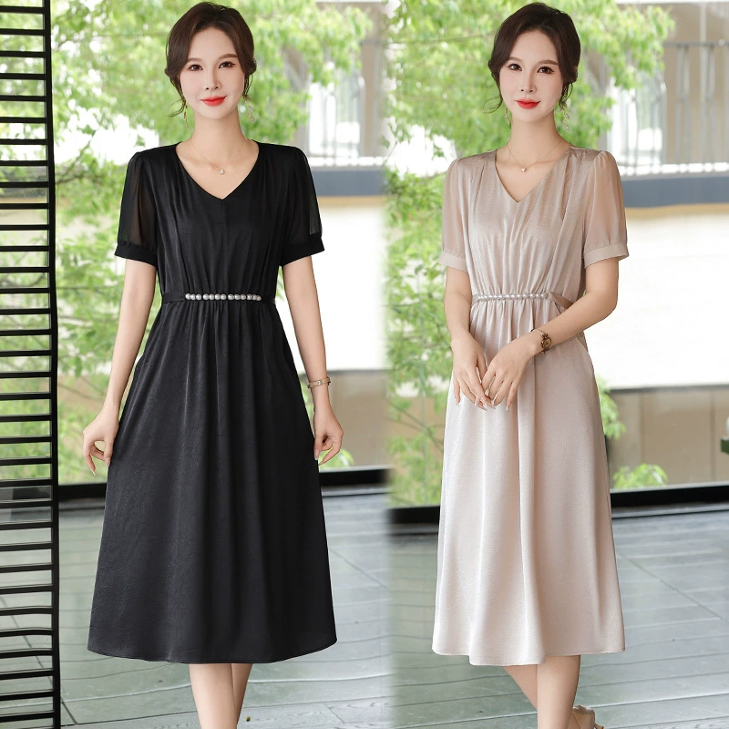 Новое платье 2025 года, короткое, модное, с завышенной талией, больших размеров, скрывающее живот, стройнящее, средней длины, с V-образным вырезом.