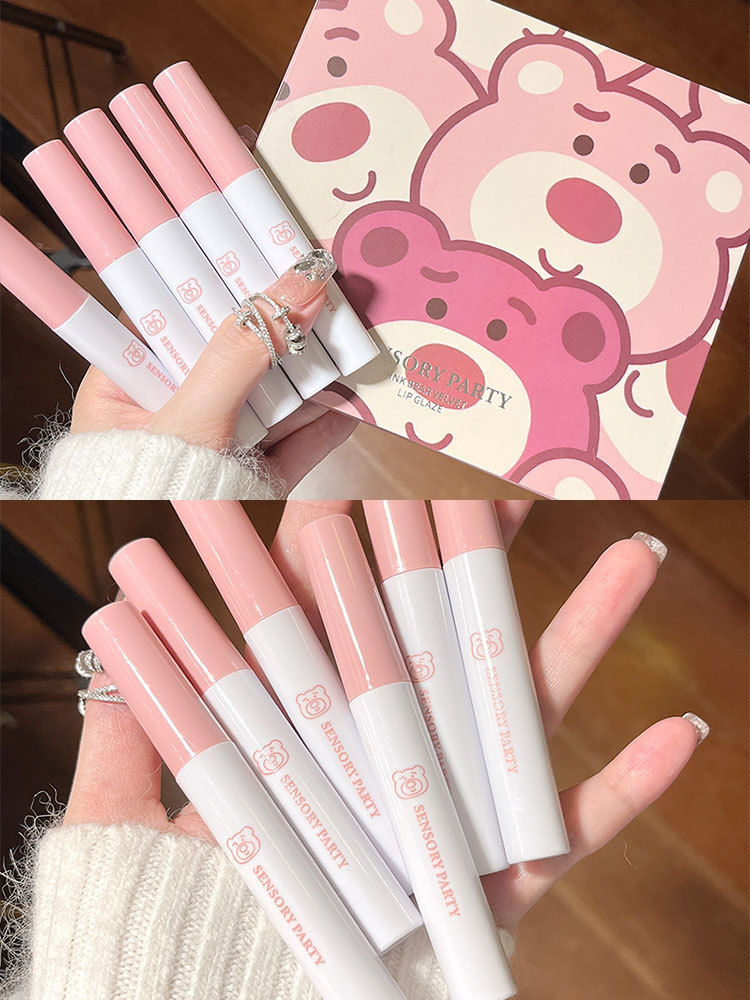 Sensory Party Pink Bear Velvet Lip Gloss Set with 6 colors to choose from. Matte Whitening Lip Gloss, live-streaming version, one-piece consignment Application Scenario