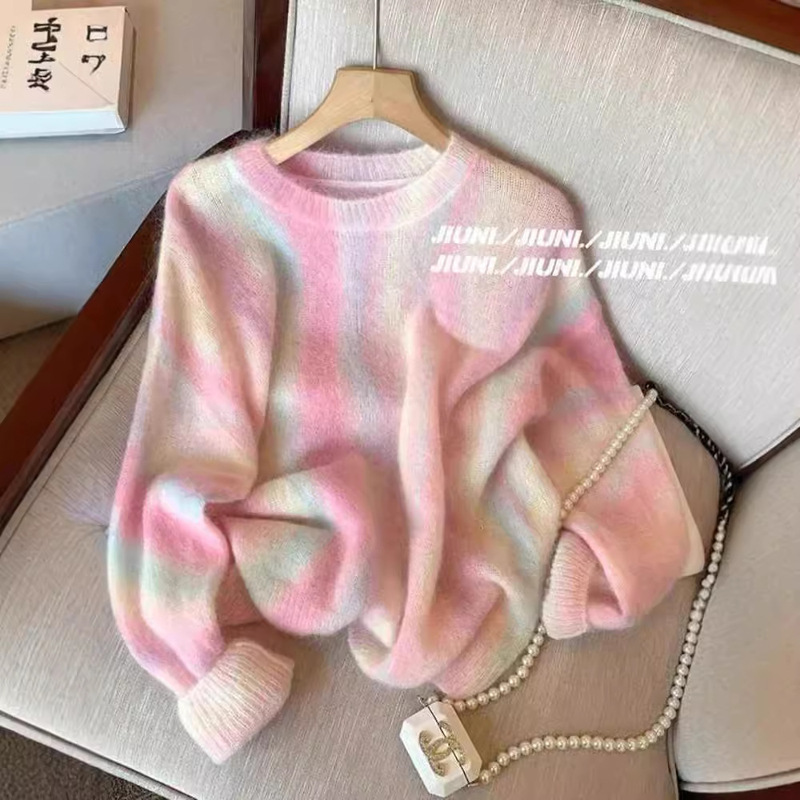 Gradient Pink Mohair Knitwear for Women 2024 Autumn and Winter New Style Sweet Elegant Lazy Style Soft Waxy Pullover Knitwear