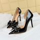 638-H12 Style High Heels Banquet Women's Shoes Side Hollow Shallow Notched Rhinestone Bow High Heel Single Shoe