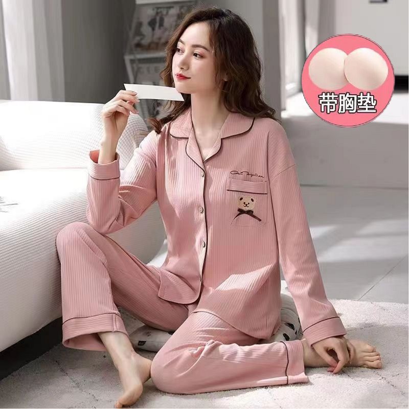 Traje de pijama de algodón 100% para mujer con almohadilla en el pecho nuevos pantalones de manga larga boda elegante estilo de princesa simple ropa para el hogar