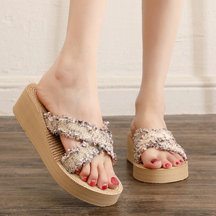 Cross Slippers Women's Ethnic Style New Summer Outer Wear Fashionable Small Fragrant Sandals Wedge Heel Thick-Soled Beach Sandals Trbottomy