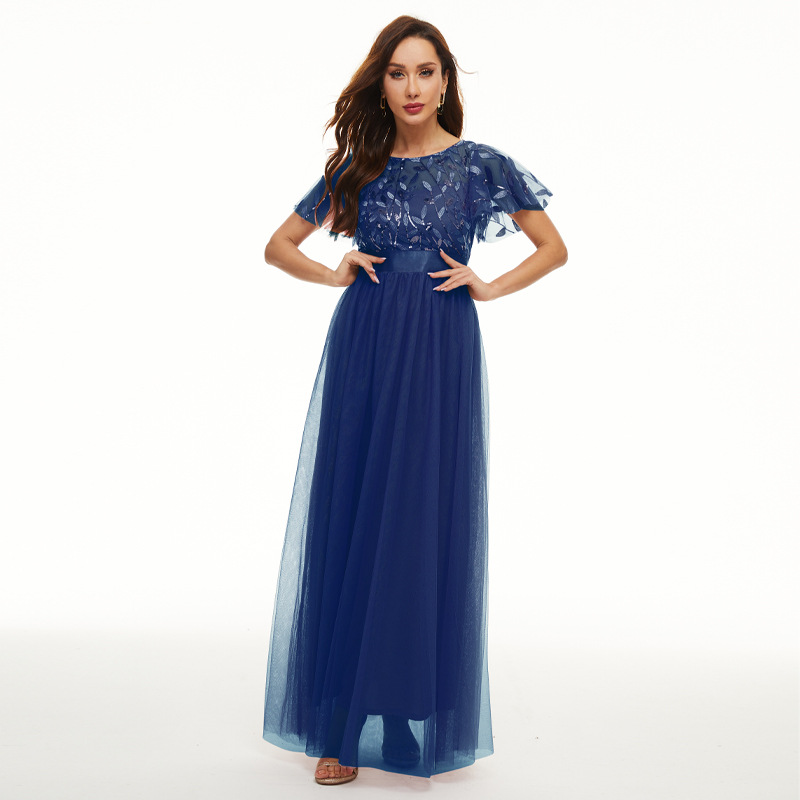 Vestido de lentejuelas manga corta cuello redondo pettiskirt vestido de noche cintura alta elegante dama de honor brindis vestido banquete ropa 115