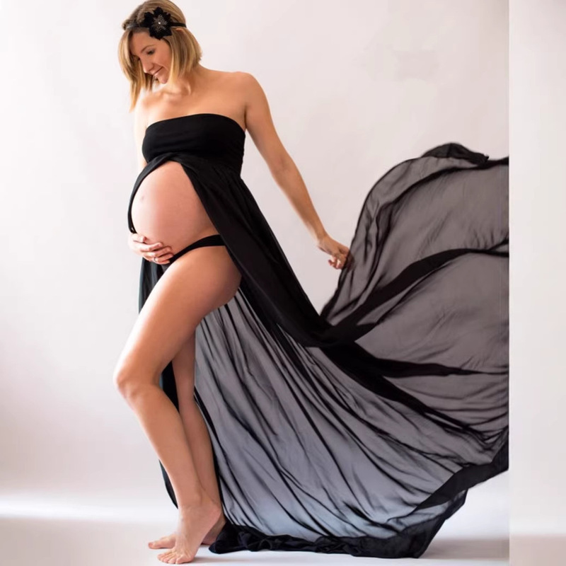 AliExpress Pregnant Women Photograph Strapless Chiffon Dress Pregnant Women Photograph Front Split Floor Long Dress 8812