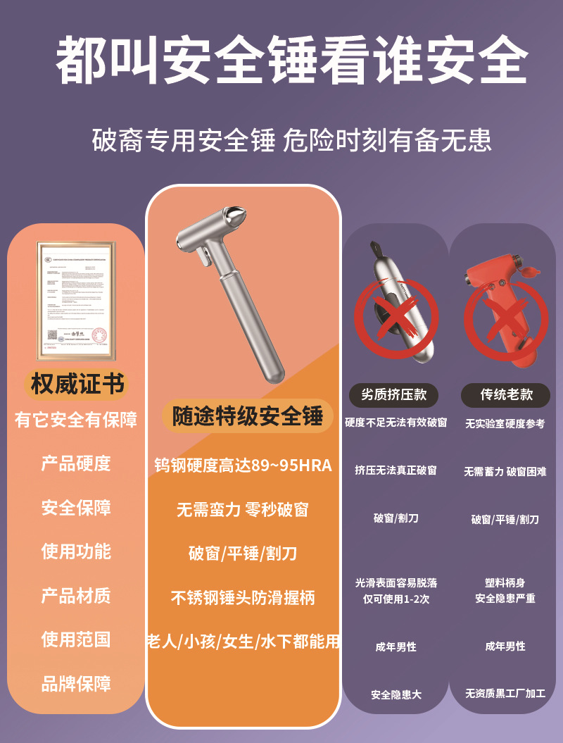The new car metal safety hammer is small and suitable for female drivers with multi-functional three-in-one tungsten steel broken window hammer wholesale