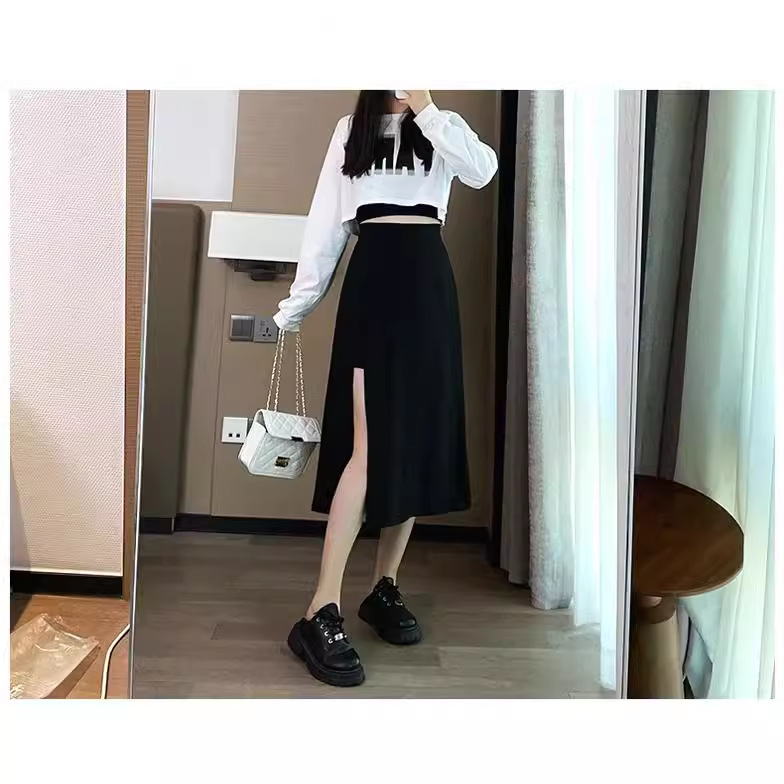 Irregular slimming temperament midi skirt 2023 new summer black high waist skirt plus size A- line skirt