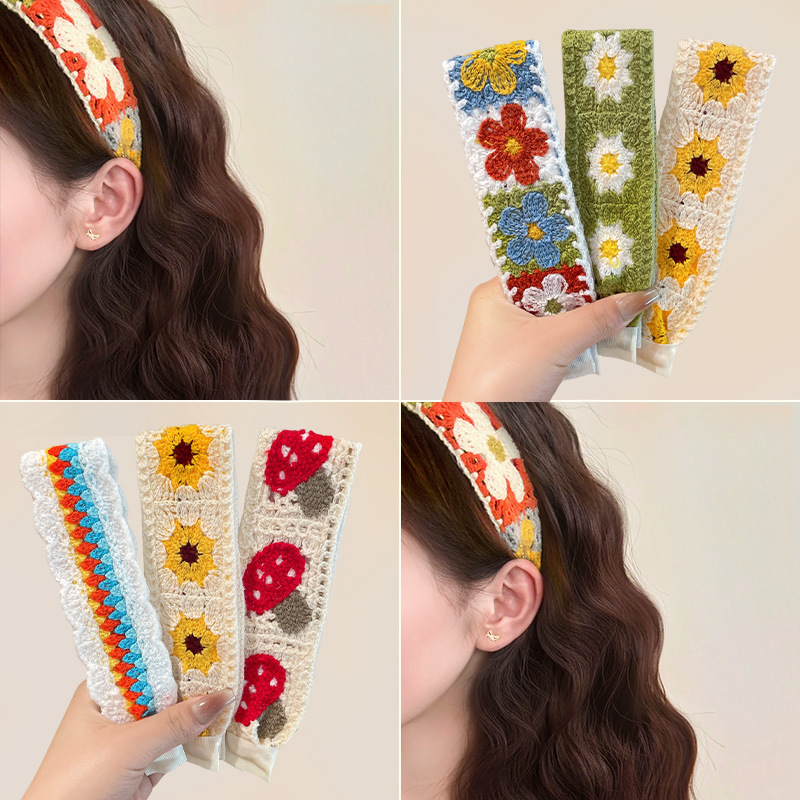 Knitted Embroidered Flower Magic Tape Headband for Women, Bangs and Stray Hair Organizer, Hairband for Washing Face