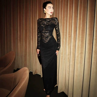 跨境2026秋季新款欧美女装辣妹风性感蕾丝拼接长袖修身包臀连衣裙