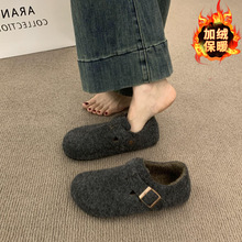 复古圆头毛毡加绒勃肯鞋女加绒秋冬季一脚蹬保暖棉瓢鞋毛呢乐福鞋